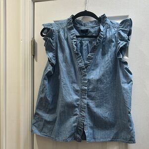 J. Crew Light Blue Chambray Button-Front Top with Ruffle Trim